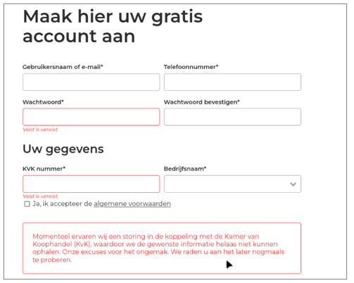 KVK storing bij aanmaken account